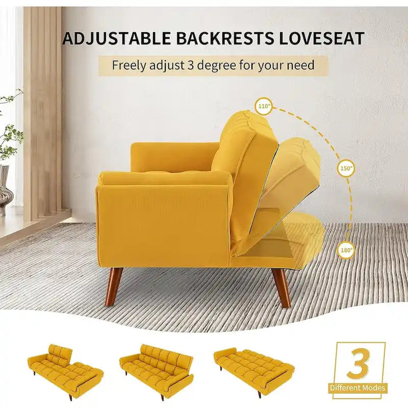 Convertible Futon Sofa Bed with Tufted Back and Adjustable Reclining in Linen Fabric