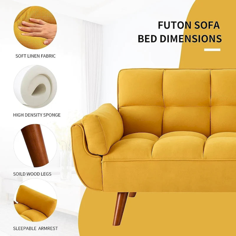 Convertible Futon Sofa Bed with Tufted Back and Adjustable Reclining in Linen Fabric