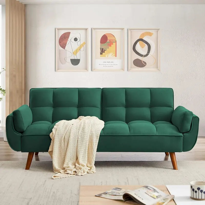 Convertible Futon Sofa Bed with Tufted Back and Adjustable Reclining in Linen Fabric