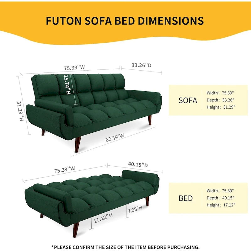 Convertible Futon Sofa Bed with Tufted Back and Adjustable Reclining in Linen Fabric