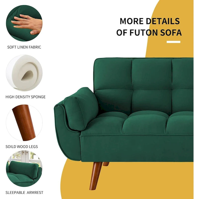 Convertible Futon Sofa Bed with Tufted Back and Adjustable Reclining in Linen Fabric