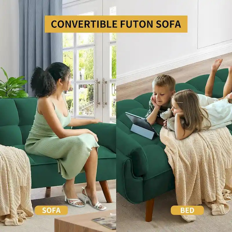 Convertible Futon Sofa Bed with Tufted Back and Adjustable Reclining in Linen Fabric