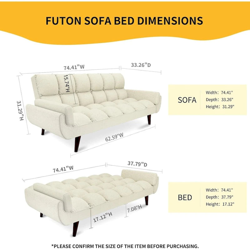 Convertible Futon Sofa Bed with Tufted Back and Adjustable Reclining in Linen Fabric