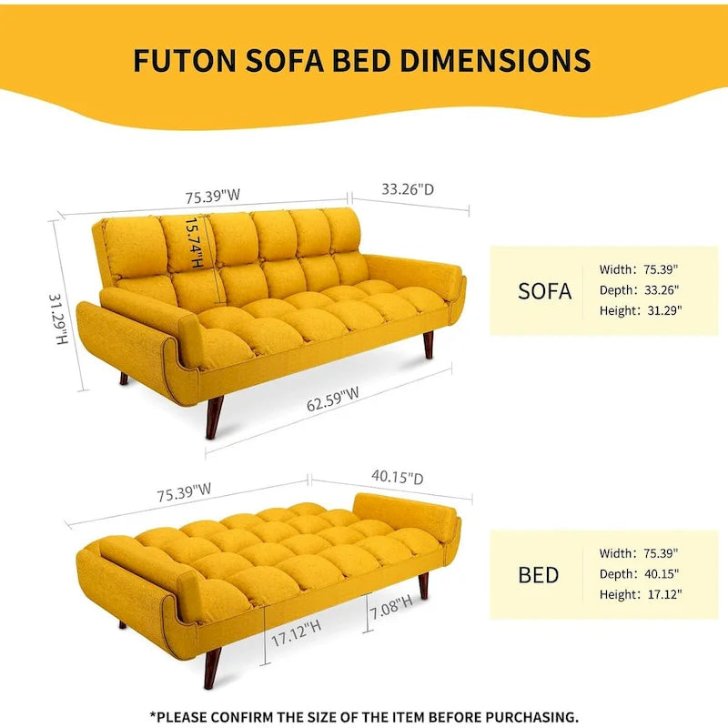 Convertible Futon Sofa Bed with Tufted Back and Adjustable Reclining in Linen Fabric