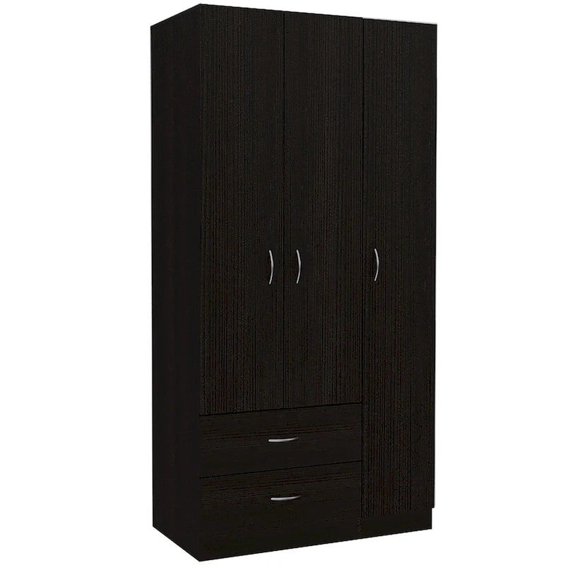 3-Door Wood Armoire Wardrobe with Drawers Shelves and Hanging Rod