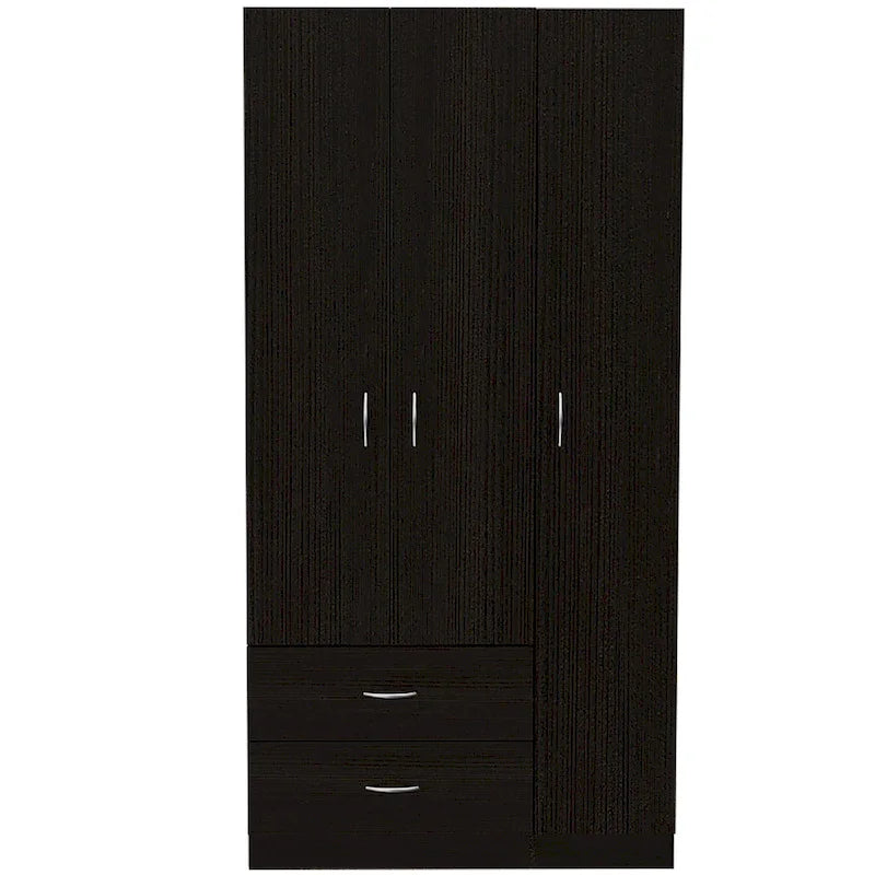 3-Door Wood Armoire Wardrobe with Drawers Shelves and Hanging Rod