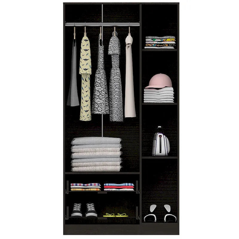 3-Door Wood Armoire Wardrobe with Drawers Shelves and Hanging Rod