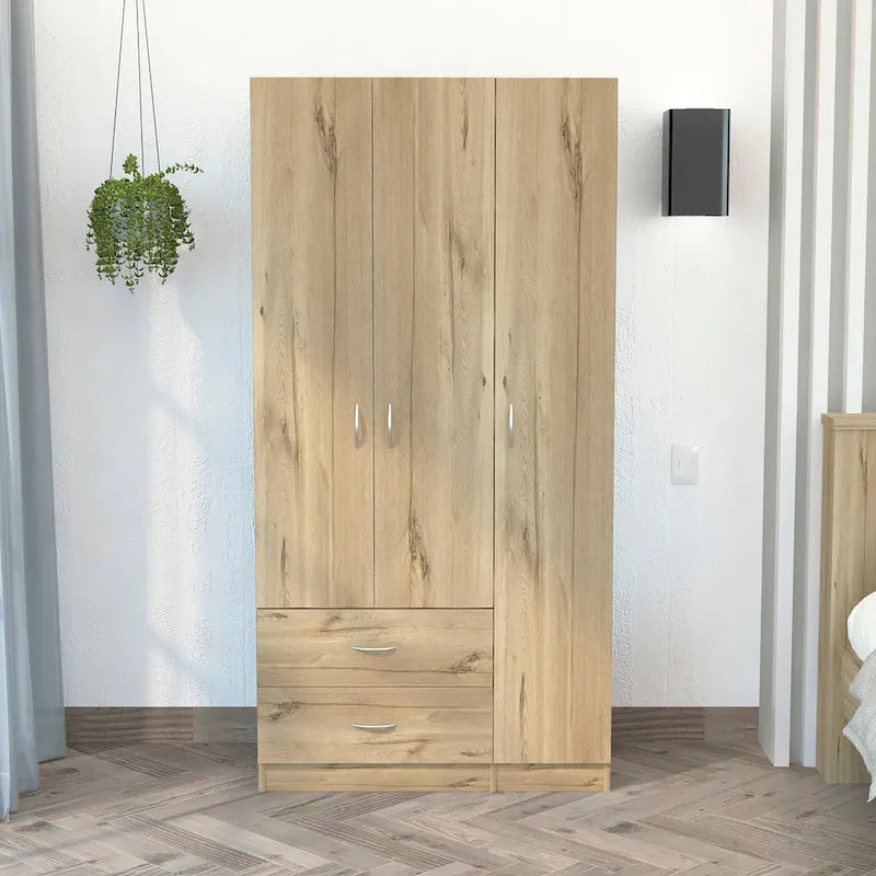 3-Door Wood Armoire Wardrobe with Drawers Shelves and Hanging Rod