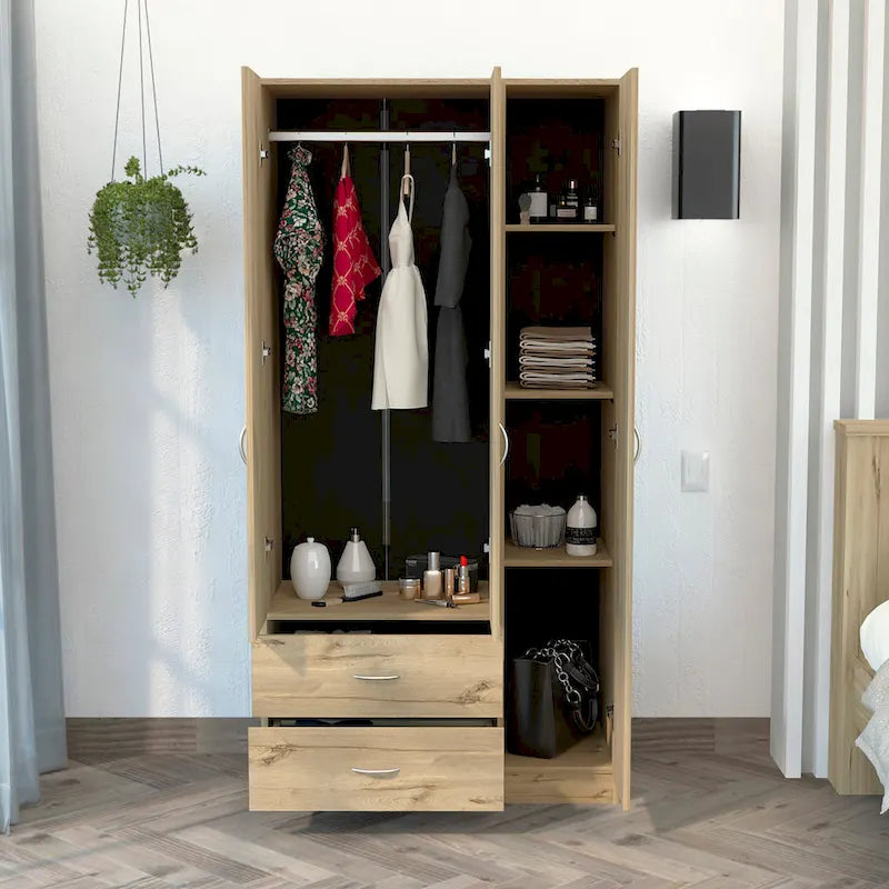 3-Door Wood Armoire Wardrobe with Drawers Shelves and Hanging Rod