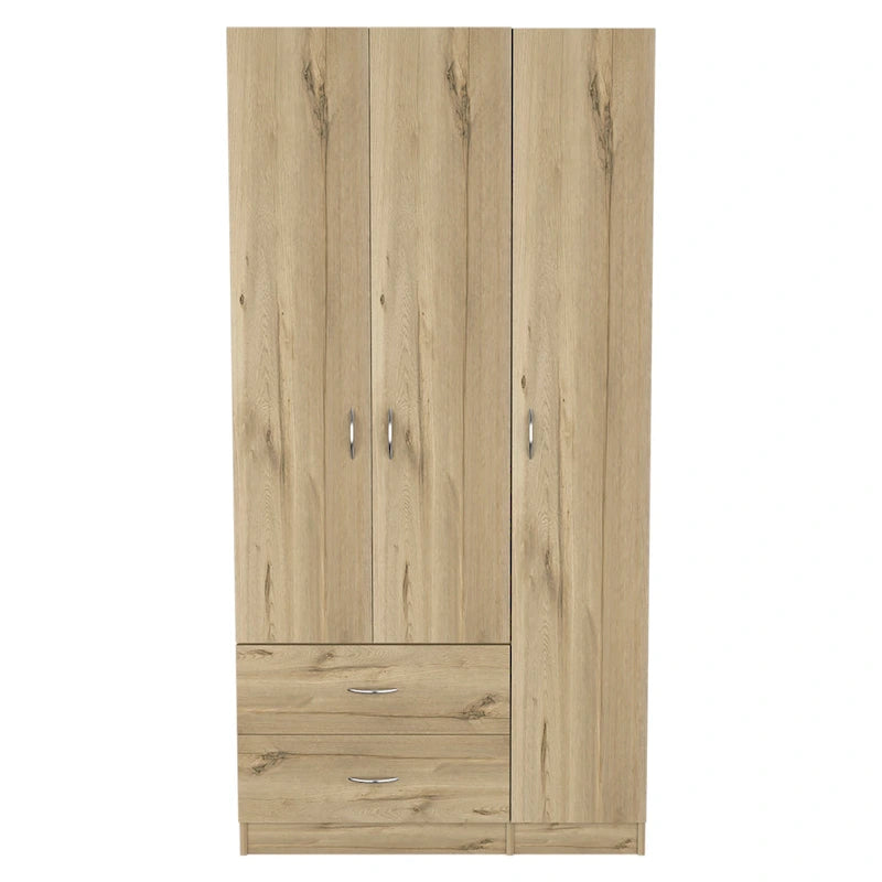 3-Door Wood Armoire Wardrobe with Drawers Shelves and Hanging Rod