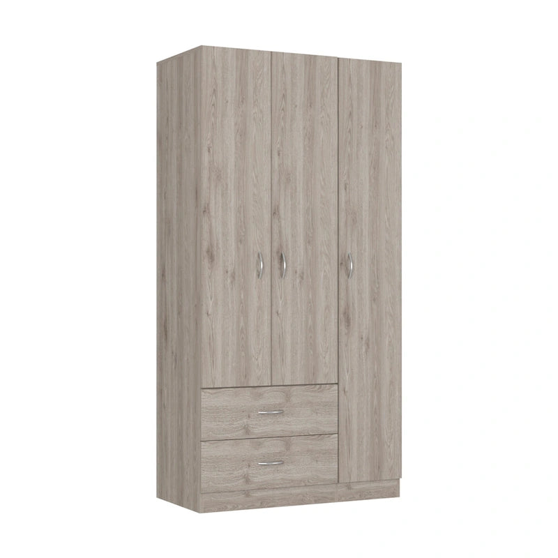 3-Door Wood Armoire Wardrobe with Drawers Shelves and Hanging Rod