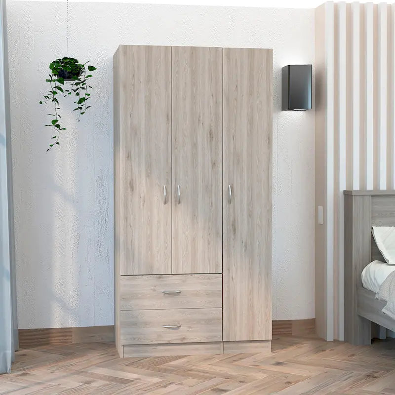 3-Door Wood Armoire Wardrobe with Drawers Shelves and Hanging Rod
