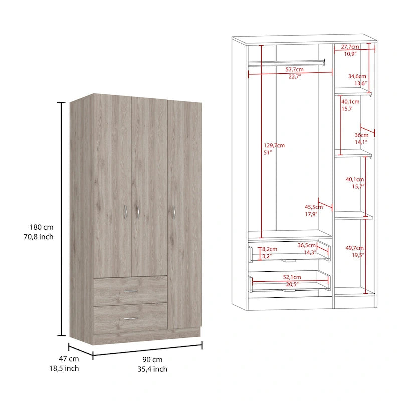 3-Door Wood Armoire Wardrobe with Drawers Shelves and Hanging Rod