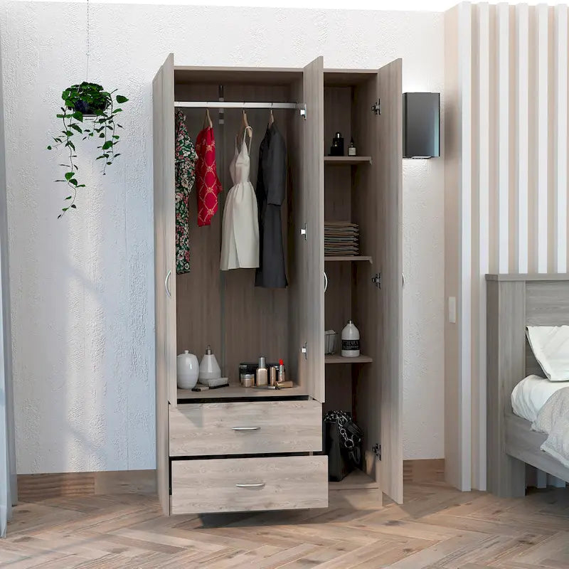 3-Door Wood Armoire Wardrobe with Drawers Shelves and Hanging Rod