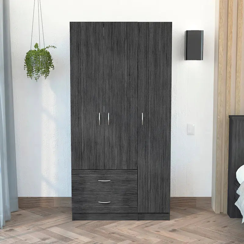 3-Door Wood Armoire Wardrobe with Drawers Shelves and Hanging Rod