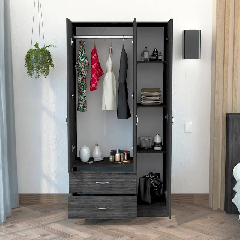 3-Door Wood Armoire Wardrobe with Drawers Shelves and Hanging Rod