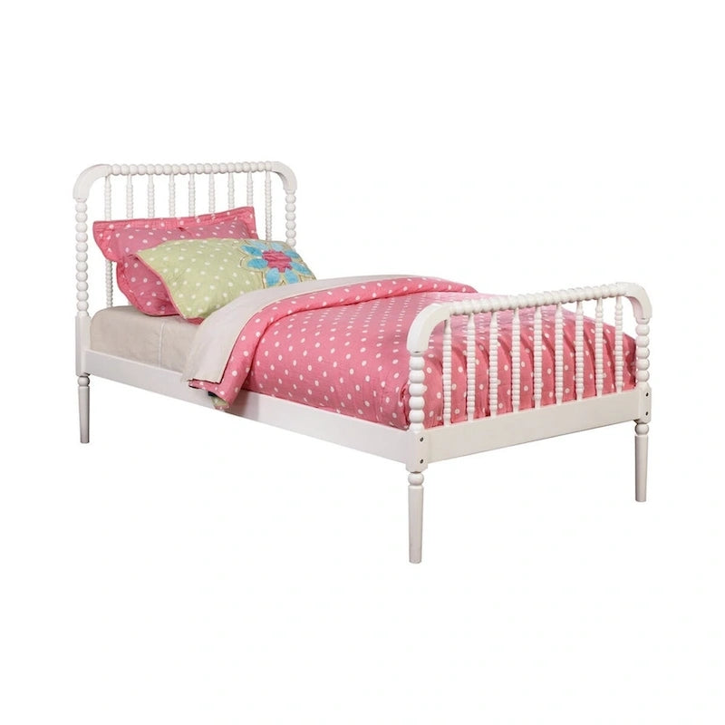 White Wood Twin Bed Bobbin Spindle Slatted Headboard Footboard Tapered Legs