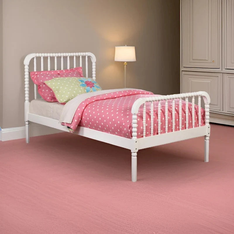 White Wood Twin Bed Bobbin Spindle Slatted Headboard Footboard Tapered Legs