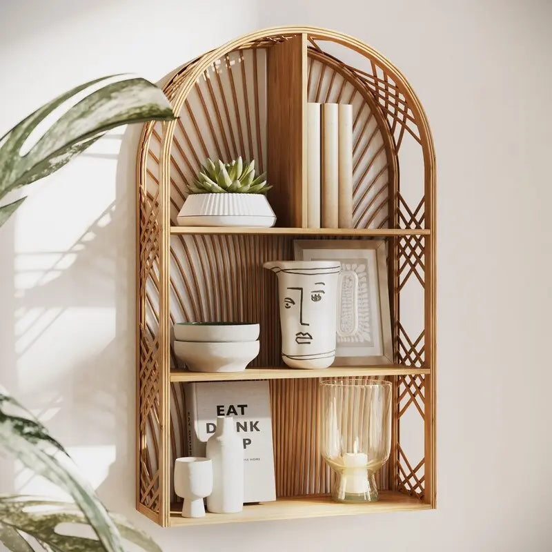Harmony Arch Rattan Boho Tiered Wall Shelf - 28H x 16.5W x 6D