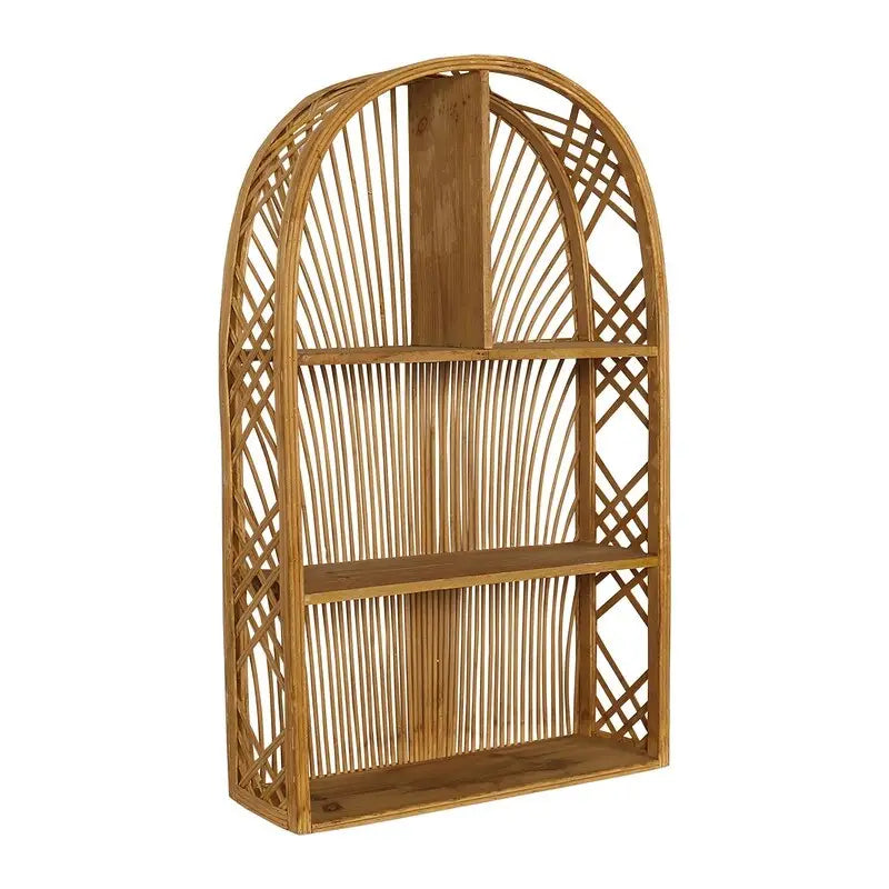 Arch Rattan Boho Tiered Wall Shelf Natural Tan Woven Bamboo