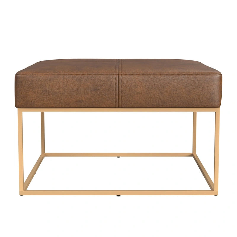 Square Faux Leather Ottoman with Industrial Metal Frame, Brown or Gray