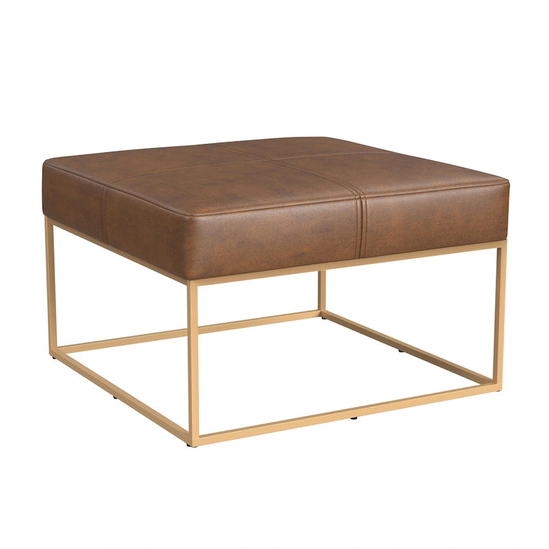 Square Faux Leather Ottoman with Industrial Metal Frame, Brown or Gray
