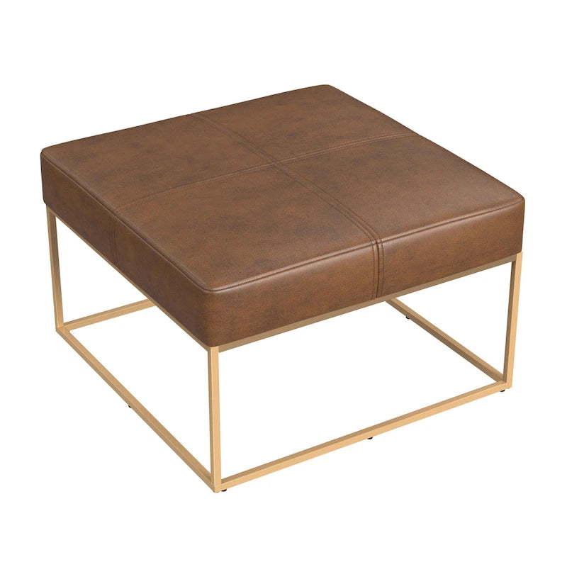 Square Faux Leather Ottoman with Industrial Metal Frame, Brown or Gray