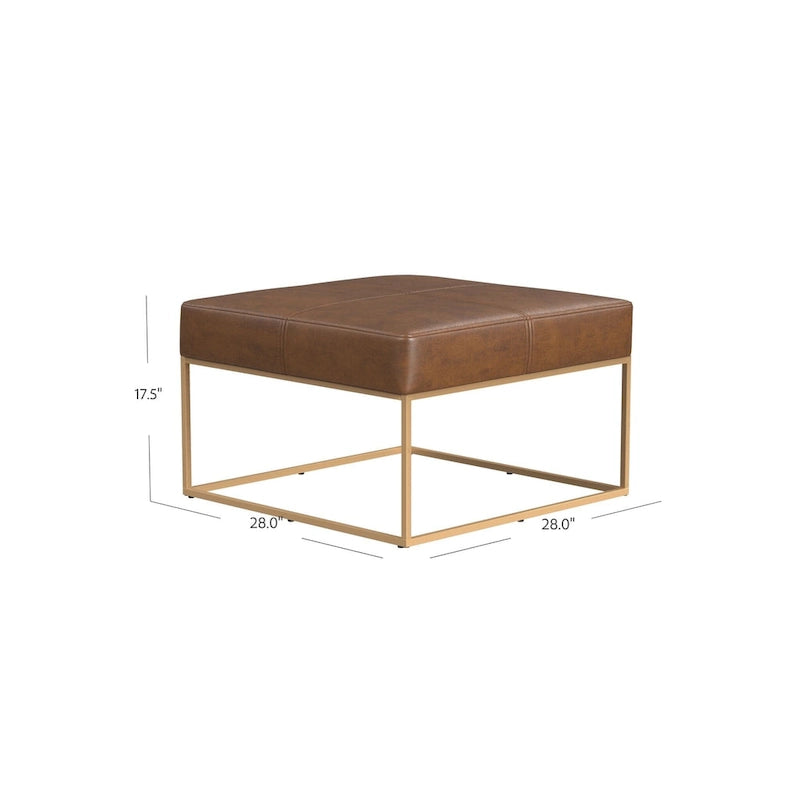 Square Faux Leather Ottoman with Industrial Metal Frame, Brown or Gray