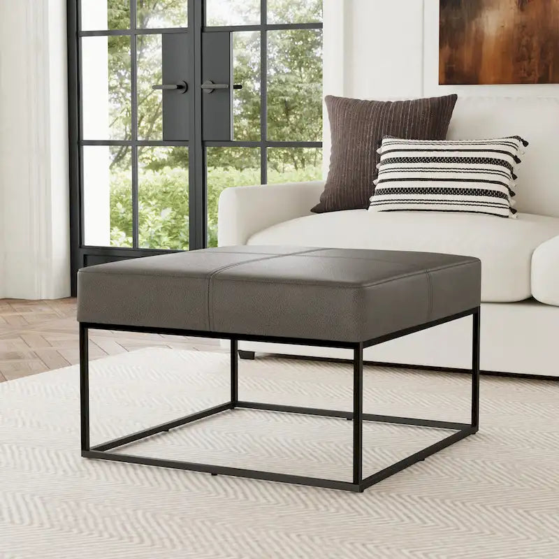 Square Faux Leather Ottoman with Industrial Metal Frame, Brown or Gray