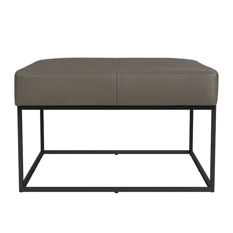 Square Faux Leather Ottoman with Industrial Metal Frame, Brown or Gray