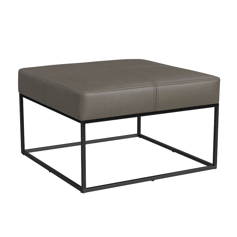 Square Faux Leather Ottoman with Industrial Metal Frame, Brown or Gray