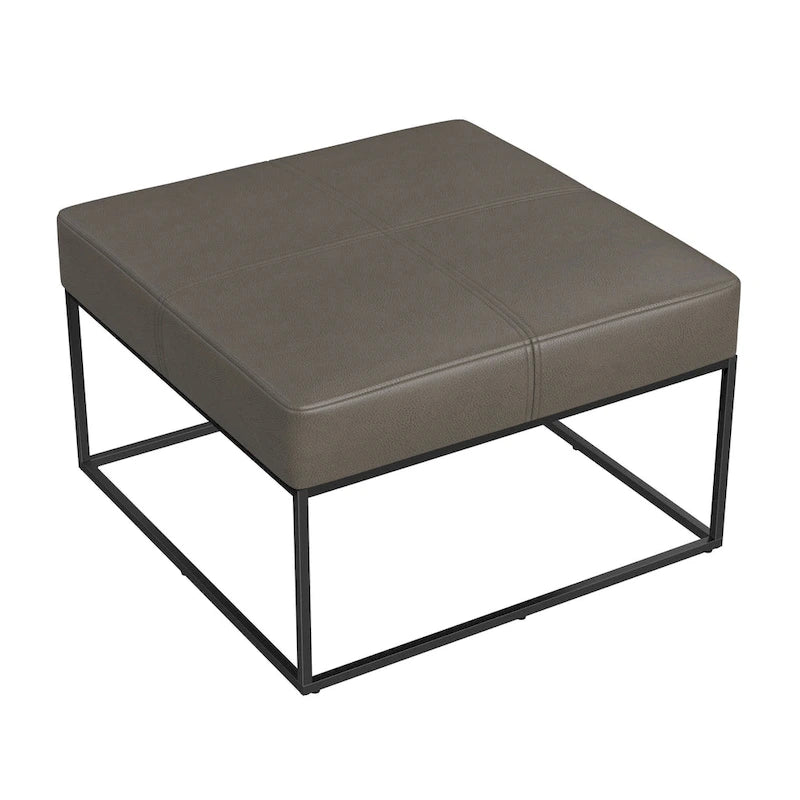 Square Faux Leather Ottoman with Industrial Metal Frame, Brown or Gray