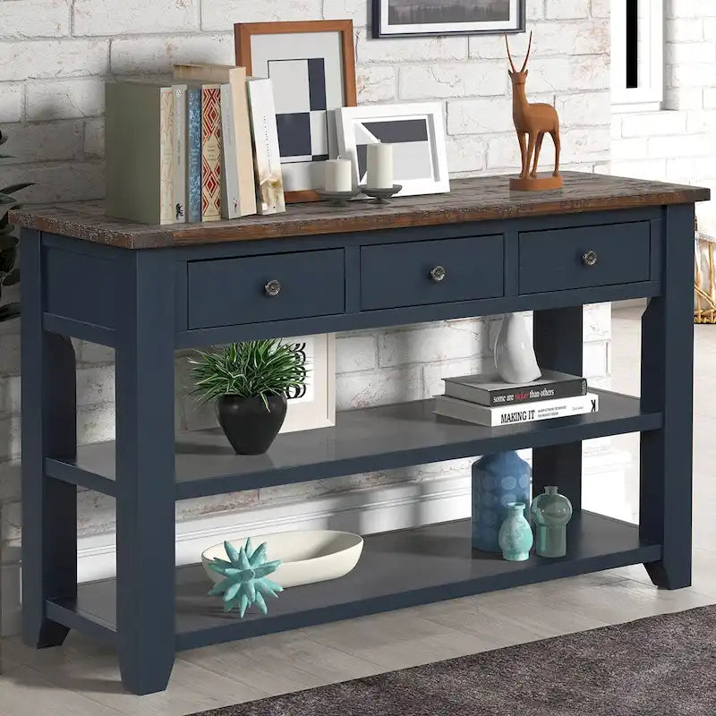 48 Solid Pine Wood Top Console Table with Drawers and Shelve
