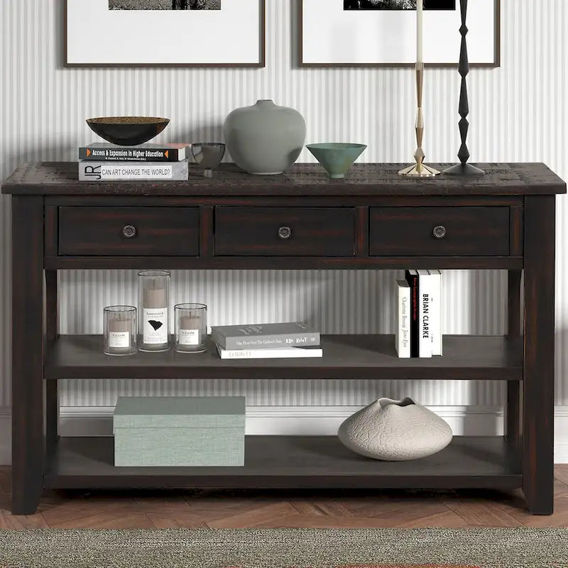 48 Solid Pine Wood Top Console Table with Drawers and Shelve