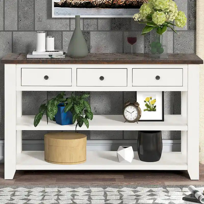 48 Solid Pine Wood Top Console Table with Drawers and Shelve