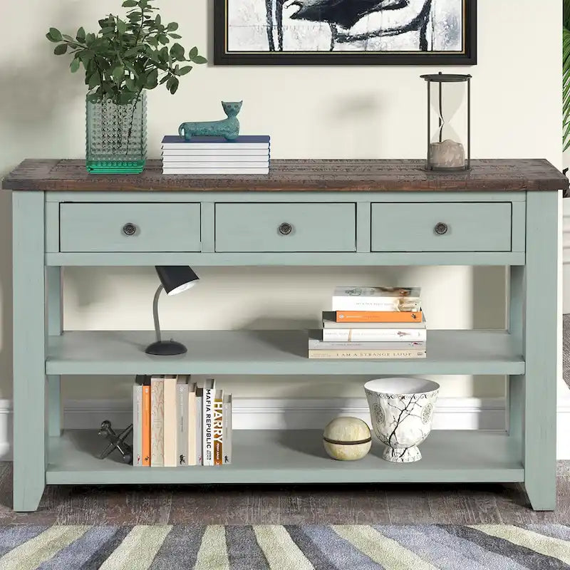 48 Solid Pine Wood Top Console Table with Drawers and Shelve