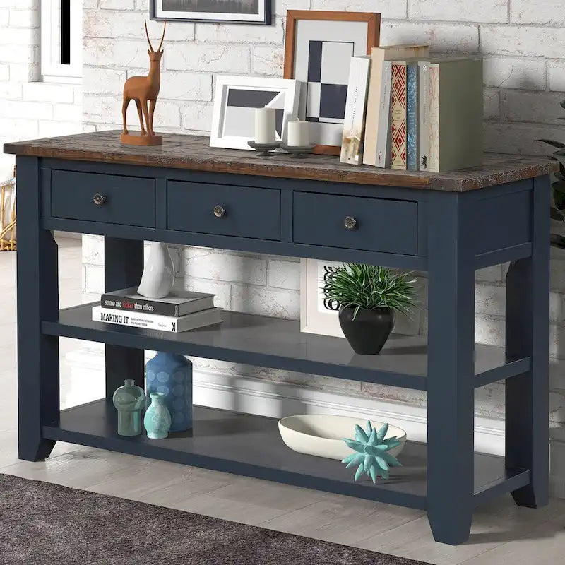 48 Solid Pine Wood Top Console Table with Drawers and Shelve