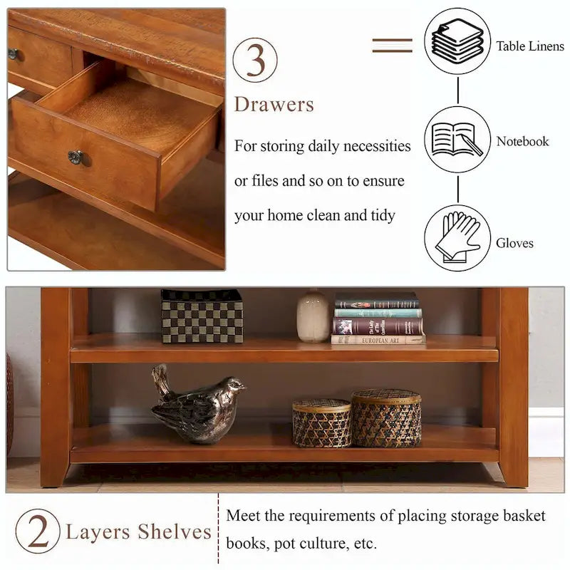 48 Solid Pine Wood Top Console Table with Drawers and Shelve