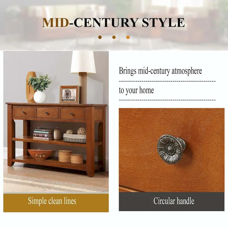 48 Solid Pine Wood Top Console Table with Drawers and Shelve