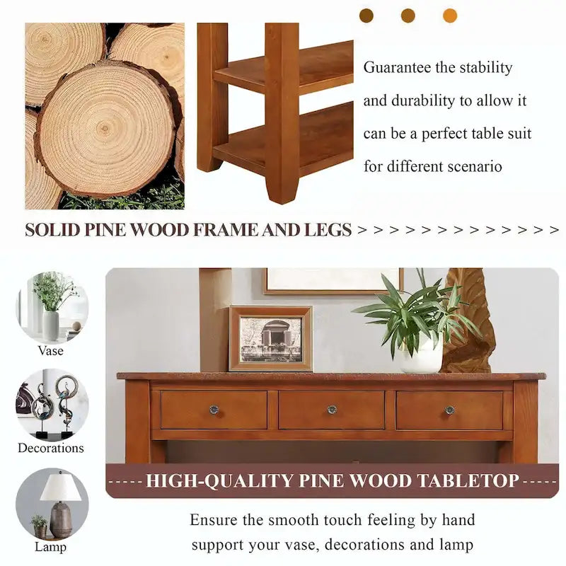 48 Solid Pine Wood Top Console Table with Drawers and Shelve