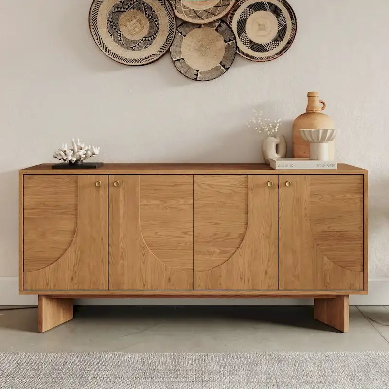 Modern Oak Veneer Sideboard with Brass Handles and Cable Management Dark Walnut