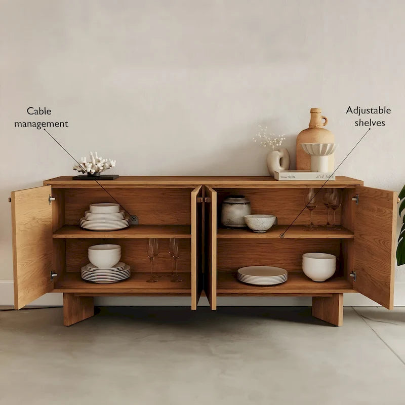 Modern Oak Veneer Sideboard with Brass Handles and Cable Management Dark Walnut
