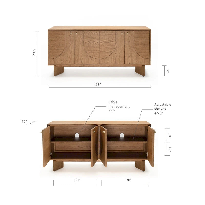 Modern Oak Veneer Sideboard with Brass Handles and Cable Management Dark Walnut