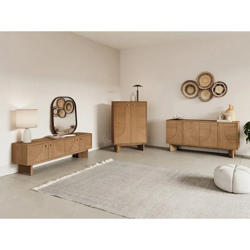 Modern Oak Veneer Sideboard with Brass Handles and Cable Management Dark Walnut