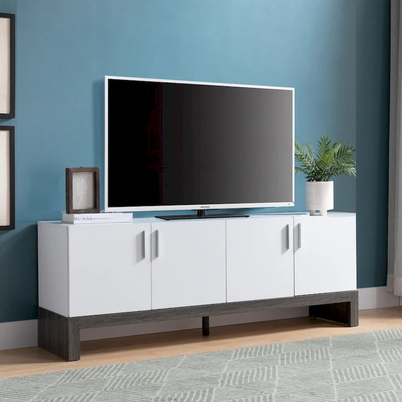 60-Inch Four-Door TV Stand Cabinet White Distressed Grey Storage