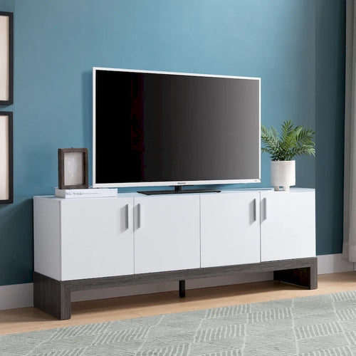 Side Credenza with 4 Doors, Storage Cabinets, 60 TV Stand- White & Distressed Grey