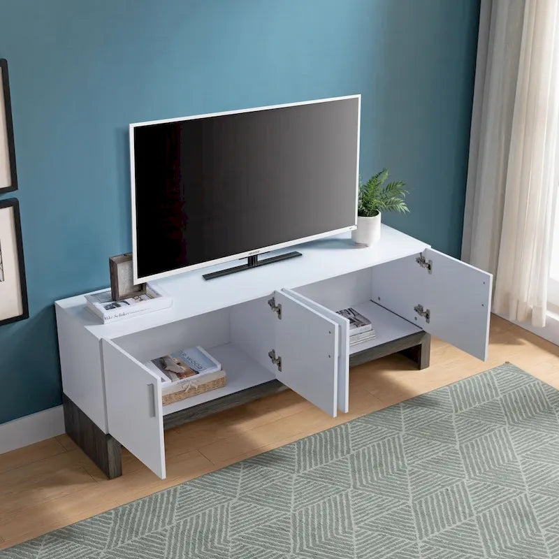 60-Inch Four-Door TV Stand Cabinet White Distressed Grey Storage