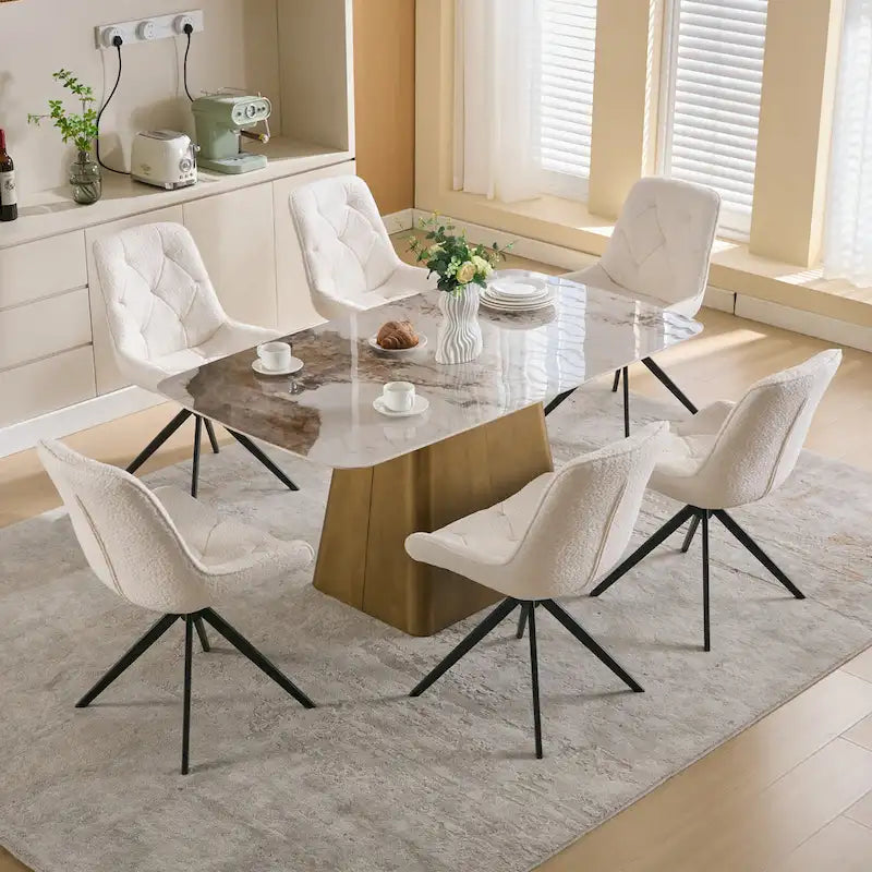 Boucle Upholstered Swivel Dining Chair High Back Diamond Tufted Accent