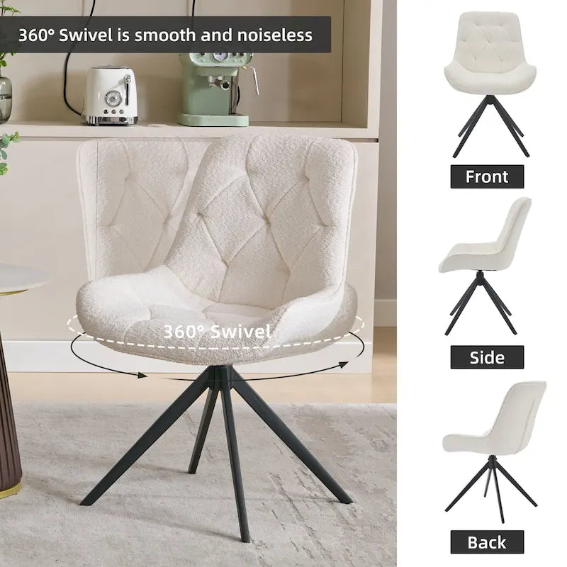 Boucle Upholstered Swivel Dining Chair High Back Diamond Tufted Accent