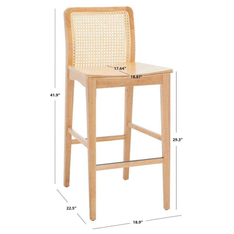 Coastal Rattan Back Bar Stool with Solid Wood Frame Natural Finish